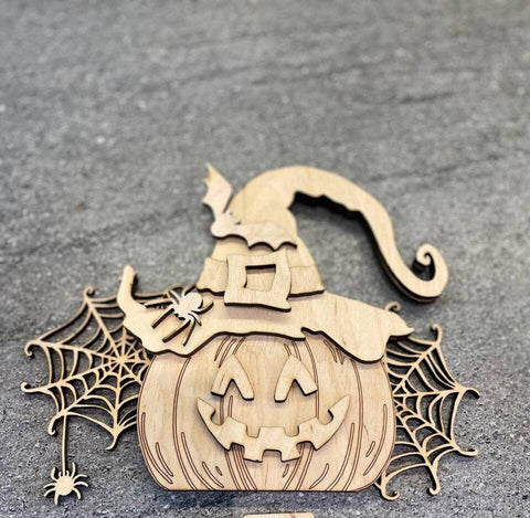 DIY Paint Your Own Halloween Pumpkin with Bats Wooden Craft Kit for Kids & Adults, Pumpkin with Witches hat Spooky Fall DIY Halloween Decor