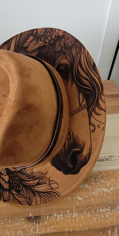 Horse Burned Hat, Floral Burned Wildflower Cowboy Hat: Engraved Suede/Felt Boho Fedora, Felt Wide brim hat