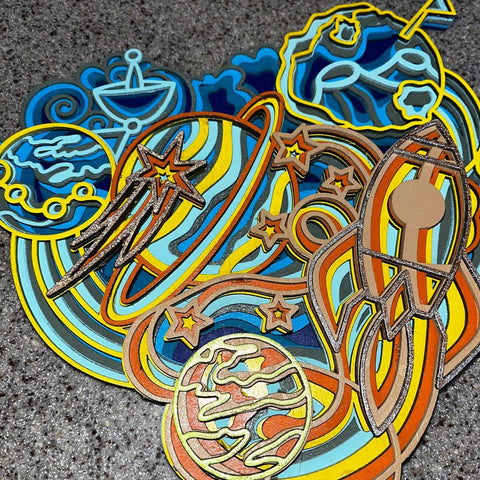 DIY Paint Your Own 3d Cosmic Planets and spaceship Wooden Sign Kit Make Your Own Door or wall Sign Wood Blank for layered Home Decor