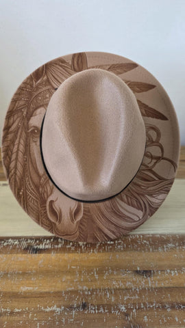 Horse Burned Hat, Native American Burned Cowboy Hat: Feathers Engraved Suede/Felt Boho Fedora, Felt Wide brim hat Western Hat Festivals