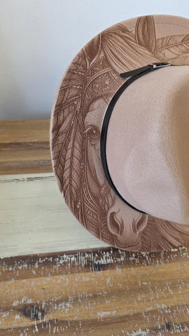 Horse Burned Hat, Native American Burned Cowboy Hat: Feathers Engraved Suede/Felt Boho Fedora, Felt Wide brim hat Western Hat Festivals