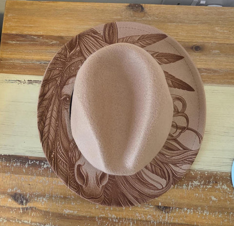 Horse Burned Hat, Native American Burned Cowboy Hat: Feathers Engraved Suede/Felt Boho Fedora, Felt Wide brim hat