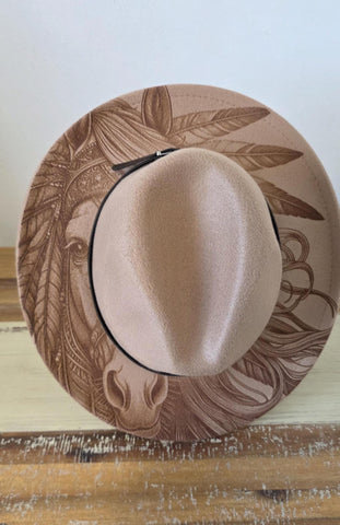 Horse Burned Hat, Native American Burned Cowboy Hat: Feathers Engraved Suede/Felt Boho Fedora, Felt Wide brim hat Western Hat Festivals