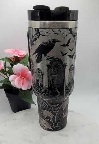 Graveyard, crows, Halloween, skulls, 40oz Double Wall Insulated Tumbler with Handles Gift