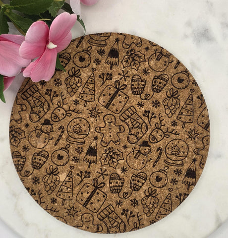 Cork Christmas doodles Laser Engraved Cork Trivet: Kitchen Decor Pot Holder Gift, Personalized Housewarming Wedding Hot Pad