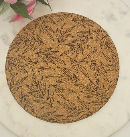 Cork Olive branch Laser Engraved Cork Trivet: Kitchen Decor Pot Holder Gift, Personalized Housewarming Wedding Hot Pad