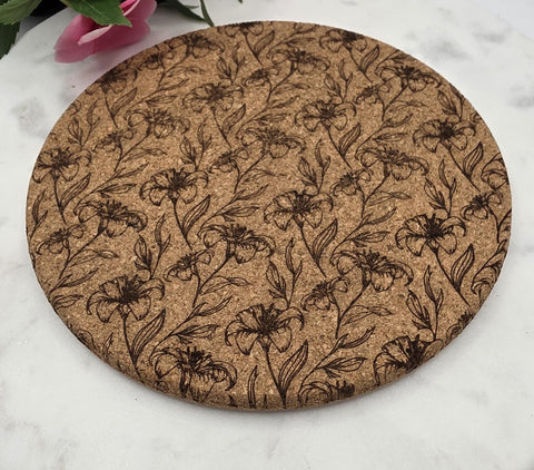 Cork Iris flowers Laser Engraved Cork Trivet: Kitchen Decor Pot Holder Gift, Personalized Housewarming Wedding Hot Pad