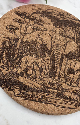 Cork African Safari Elephants Laser Engraved Cork Trivet: Kitchen Decor Pot Holder Gift, Personalized Housewarming Wedding Hot Pad