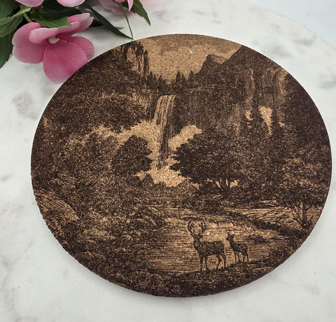Cork Deer and waterfall, Mountain adventure Laser Engraved Cork Trivet: Kitchen Decor Pot Holder Gift, Housewarming Wedding Hot Pad