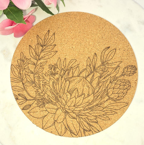 Cork South African Protea Laser Engraved Cork Trivet: Kitchen Decor Pot Holder Gift, Personalized Housewarming Wedding Hot Pad