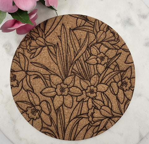 Cork Daffodils Laser Engraved Cork Trivet: Kitchen Decor Pot Holder Gift, Personalized Housewarming Wedding Hot Pad