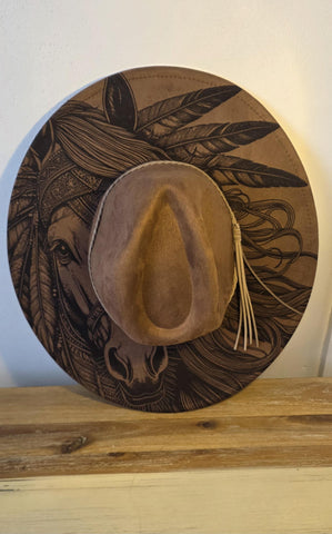 Horse Burned Hat, Native American Burned Cowboy Hat: Feathers Engraved Suede/Felt Boho Fedora, Felt Wide brim hat Western Hat Festivals