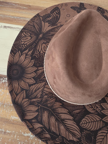 Sunflowers and butterflies Burned Hat, Floral Cowboy Hat. Burned Cowboy Hat: Engraved Suede/Felt Boho Fedora, Felt Wide brim hat Western Hat