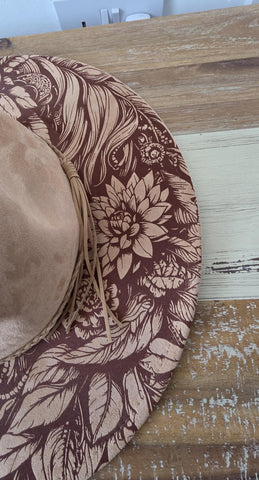 Horse Burned Hat, Floral Burned Wildflower Cowboy Hat: Engraved Suede/Felt Boho Fedora, Felt Wide brim hat Western Hat