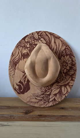 Horse Burned Hat, Floral Burned Wildflower Cowboy Hat: Engraved Suede/Felt Boho Fedora, Felt Wide brim hat Western Hat