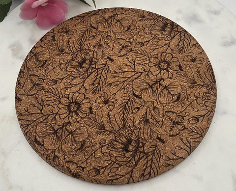Cork Wildflowers and butterflies Laser Engraved Cork Trivet: Kitchen Decor Pot Holder Gift, Personalized Housewarming Wedding Hot Pad