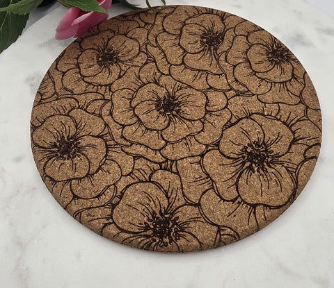 Cork Peonies flowers Laser Engraved Cork Trivet: Kitchen Decor Pot Holder Gift, Personalized Housewarming Wedding Hot Pad