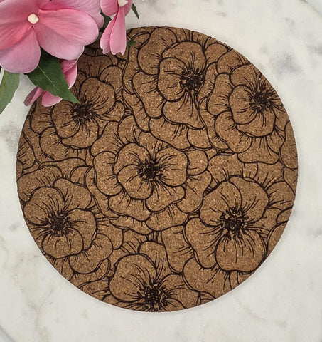Cork Peonies flowers Laser Engraved Cork Trivet: Kitchen Decor Pot Holder Gift, Personalized Housewarming Wedding Hot Pad