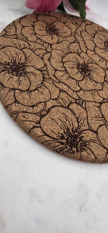 Cork Peonies flowers Laser Engraved Cork Trivet: Kitchen Decor Pot Holder Gift, Personalized Housewarming Wedding Hot Pad