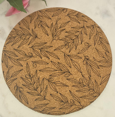 Cork Olive branch Laser Engraved Cork Trivet: Kitchen Decor Pot Holder Gift, Personalized Housewarming Wedding Hot Pad