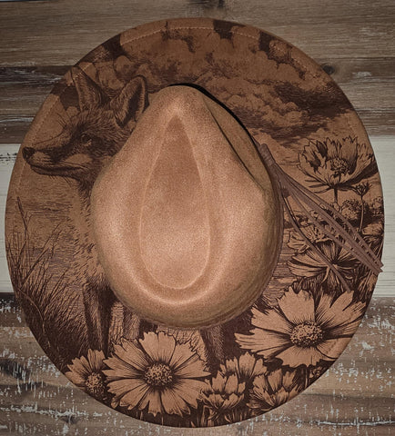 Fox in a meadow Burned Hat, Floral Burned cowgirl Cowboy Hat: Engraved Suede/Felt Boho Fedora, Felt Wide brim hat Western Hat Festivals