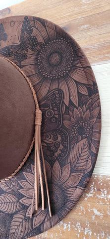 Sunflowers and butterflies Burned Hat, Floral Cowboy Hat. Burned Cowboy Hat: Engraved Suede/Felt Boho Fedora, Felt Wide brim hat Western Hat