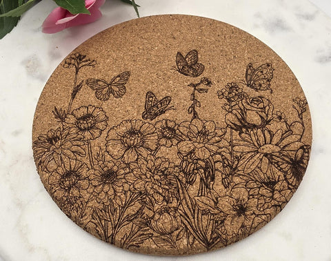 Cork Wildflowers and Butterflies Laser Engraved Cork Trivet: Kitchen Decor Pot Holder Gift, Personalized Housewarming Wedding Hot Pad