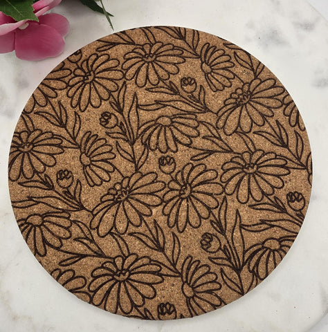 Cork Retro Daisys Laser Engraved Cork Trivet: Kitchen Decor Pot Holder Gift, Personalized Housewarming Wedding Hot Pad