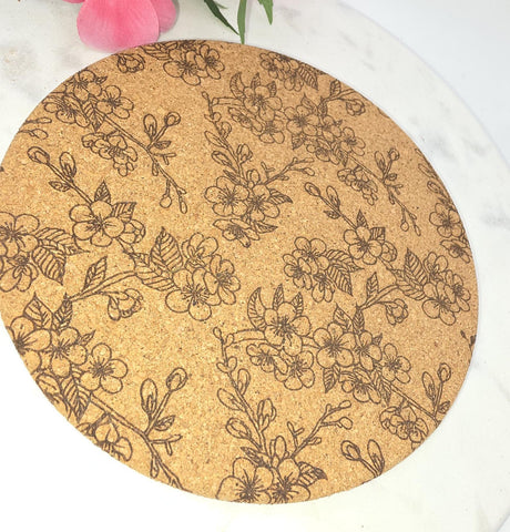 Cork cherry Blossoms Laser Engraved Cork Trivet: Kitchen Decor Pot Holder Gift, Personalized Housewarming Wedding Hot Pad
