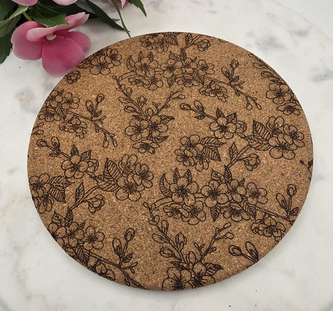 Cork cherry Blossoms Laser Engraved Cork Trivet: Kitchen Decor Pot Holder Gift, Personalized Housewarming Wedding Hot Pad