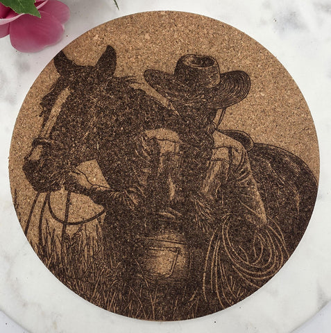 Cork Cowgirl and horse Laser Engraved Cork Trivet: Kitchen Decor Pot Holder Gift, Personalized Housewarming Wedding Hot Pad