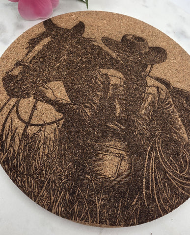 Cork Cowgirl and horse Laser Engraved Cork Trivet: Kitchen Decor Pot Holder Gift, Personalized Housewarming Wedding Hot Pad