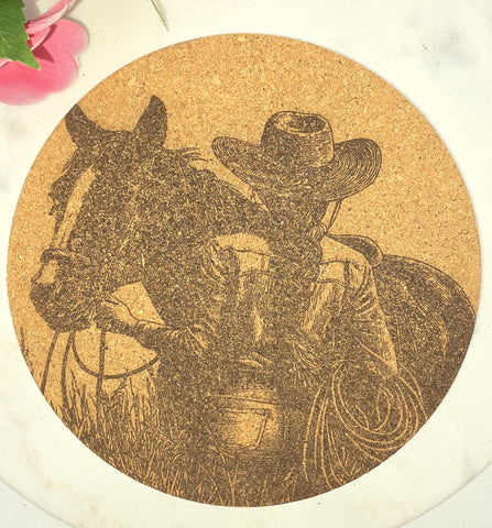 Cork Cowgirl and horse Laser Engraved Cork Trivet: Kitchen Decor Pot Holder Gift, Personalized Housewarming Wedding Hot Pad