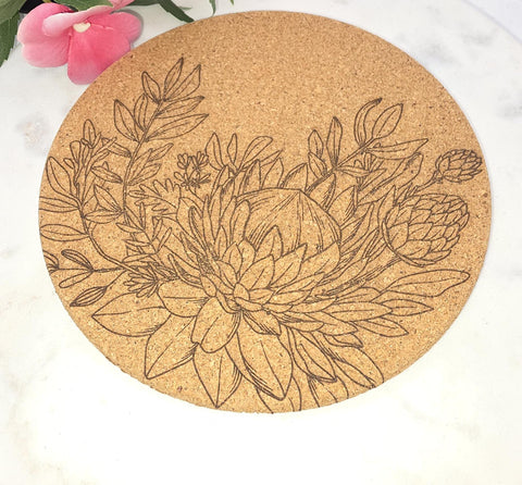Cork South African Protea Laser Engraved Cork Trivet: Kitchen Decor Pot Holder Gift, Personalized Housewarming Wedding Hot Pad