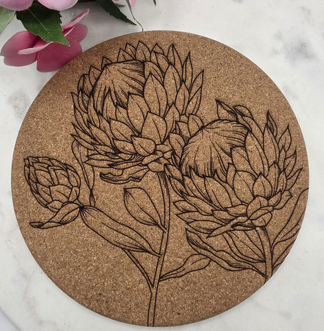 Cork South African Protea Laser Engraved Cork Trivet: Kitchen Decor Pot Holder Gift, Personalized Housewarming Wedding Hot Pad