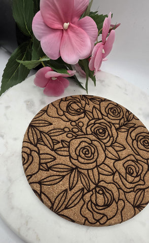 Cork Roses Laser Engraved Cork Trivet: Kitchen Decor Pot Holder Gift, Personalized Housewarming Wedding Hot Pad