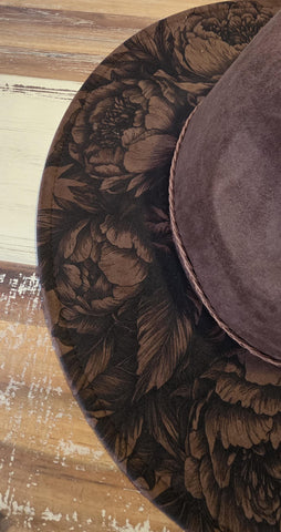 Peony Bloom Burned Hat, Peonies Floral Burned Wildflower Cowboy Hat: Engraved Suede/Felt Boho Fedora, Felt Wide brim hat Western Hat