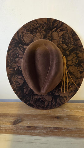 Peony Bloom Burned Hat, Peonies Floral Burned Wildflower Cowboy Hat: Engraved Suede/Felt Boho Fedora, Felt Wide brim hat Western Hat