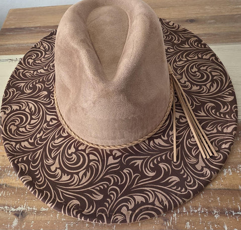 Tooled Burned Hat, Floral Burned Cowboy Hat: Engraved Suede/Felt Boho Fedora, Felt Wide brim hat Western Hat Festivals