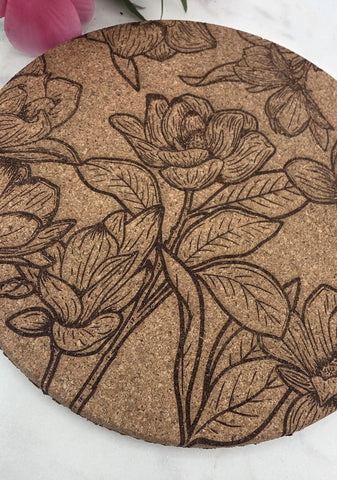 Cork Magnolias Laser Engraved Cork Trivet: Kitchen Decor Pot Holder Gift, Personalized Housewarming Wedding Hot Pad