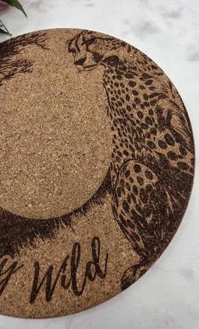 Cork African Safari Cheetah Laser Engraved Cork Trivet: Kitchen Decor Pot Holder Gift, Personalized Housewarming Wedding Hot Pad