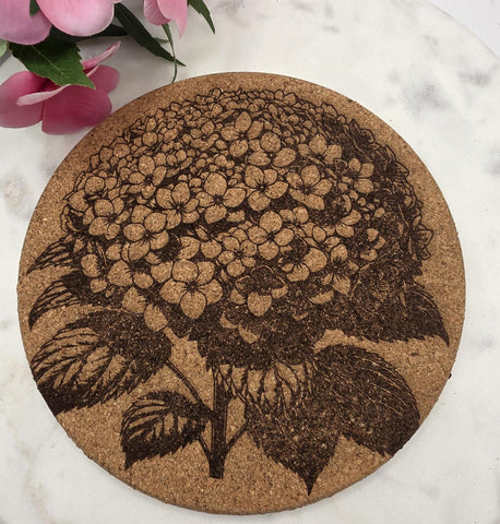 Cork Hydrangea Flowers Laser Engraved Cork Trivet: Kitchen Decor Pot Holder Gift, Personalized Housewarming Wedding Hot Pad