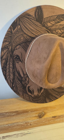 Horse Burned Hat, Native American Burned Cowboy Hat: Feathers Engraved Suede/Felt Boho Fedora, Felt Wide brim hat