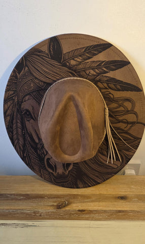 Horse Burned Hat, Native American Burned Cowboy Hat: Feathers Engraved Suede/Felt Boho Fedora, Felt Wide brim hat