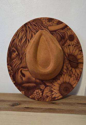 Highland Cow and sunflowers Burned Hat, Halloween, cow and flowers Burned cowgirl Cowboy Hat: Engraved Suede/Felt Boho Fedora, Wide brim hat