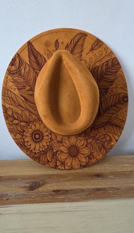 Boho feathers Burned Hat, cowgirl Burned Cowboy Hat: Engraved Suede/Felt Boho Fedora, Felt Wide brim hat Western Hat Festivals