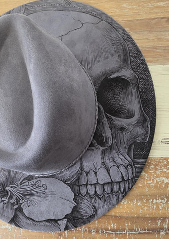Skull and flowers Burned Hat, Floral Cowboy Hat. Burned Cowboy Hat: Engraved Suede/Felt Boho Fedora, Wide brim hat Western Hat Festivals