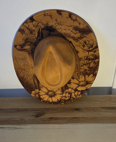 Fox in a meadow Burned Hat, Floral Burned cowgirl Cowboy Hat: Engraved Suede/Felt Boho Fedora, Felt Wide brim hat Western Hat Festivals