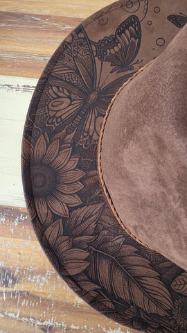 Sunflowers and butterflies Burned Hat, Floral Cowboy Hat. Burned Cowboy Hat: Engraved Suede/Felt Boho Fedora, Felt Wide brim hat Western Hat