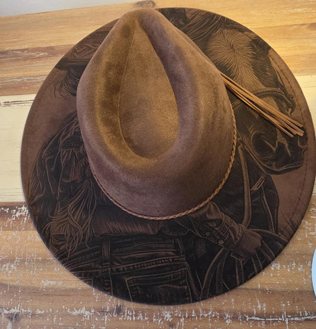 Cowgirl American Horse Burned Hat, cowgirl Burned cowgirl Cowboy Hat: Engraved Suede/Felt Boho Fedora, Felt Wide brim hat Western Hat
